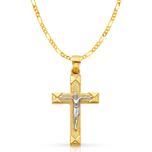 14K Gold Crucifix Cross Pendant with 2.3mm Figaro 3+1 Chain