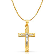 14K Gold Crucifix Cross Pendant with 1.5mm Flat Open Wheat Chain