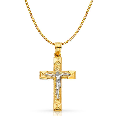 14K Gold Crucifix Cross Pendant with 1.5mm Flat Open Wheat Chain