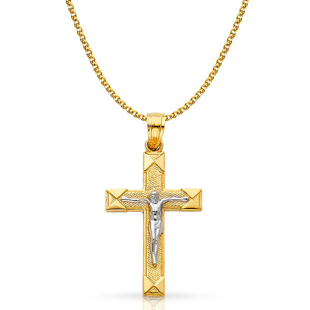 14K Gold Crucifix Cross Pendant with 1.5mm Flat Open Wheat Chain