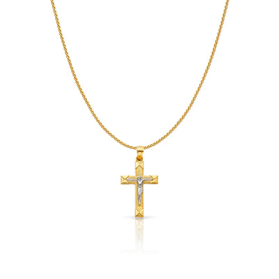 14K Gold Jesus Crucifix Cross Charm Pendant with 0.9mm Wheat Chain Necklace