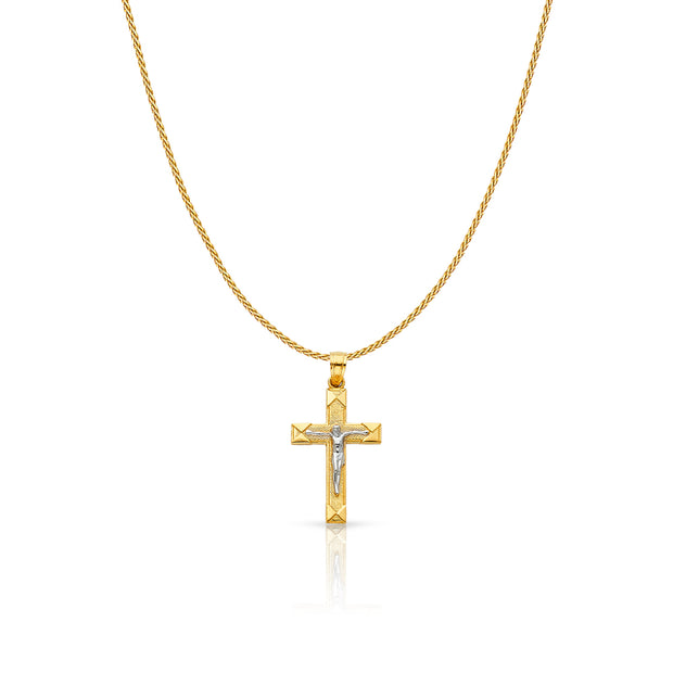 14K Gold Jesus Crucifix Cross Charm Pendant with 0.9mm Wheat Chain Necklace