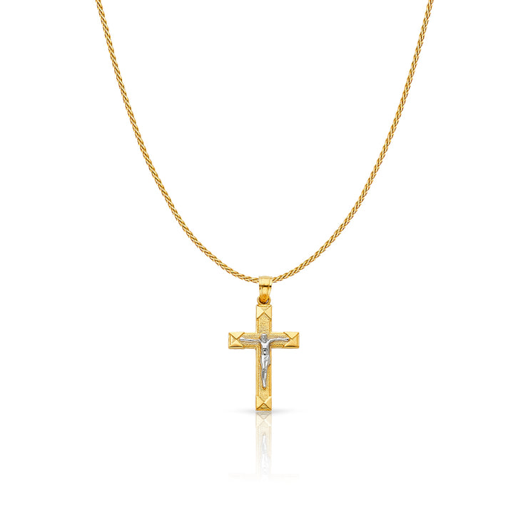 14K Gold Jesus Crucifix Cross Charm Pendant with 0.9mm Wheat Chain Necklace