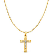 14K Gold Jesus Crucifix Cross Religious Charm Pendant with 0.8mm Box Chain Necklace