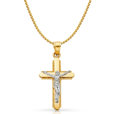 14K Gold Crucifix Cross Pendant with 1.5mm Flat Open Wheat Chain