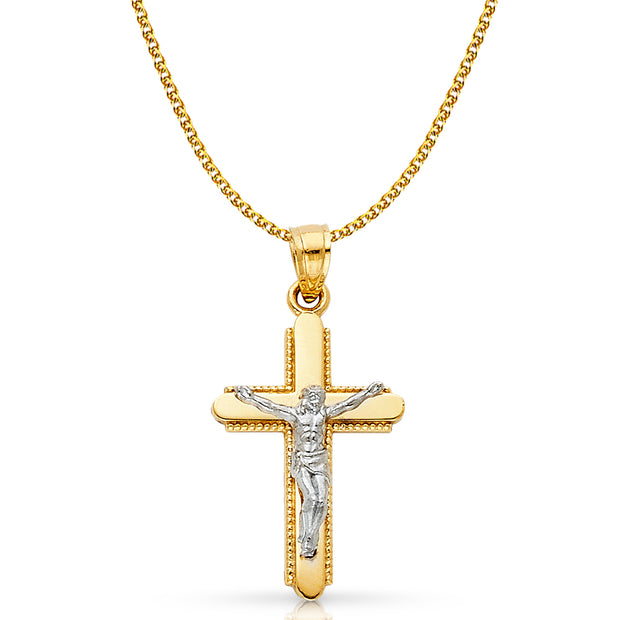 14K Gold Crucifix Cross Pendant with 1.5mm Flat Open Wheat Chain