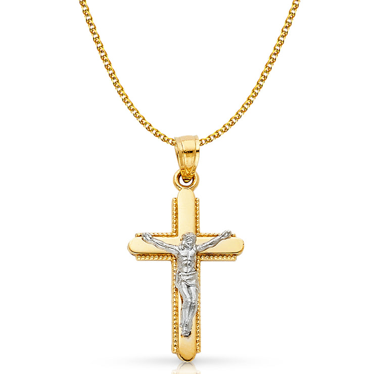 14K Gold Crucifix Cross Pendant with 1.5mm Flat Open Wheat Chain