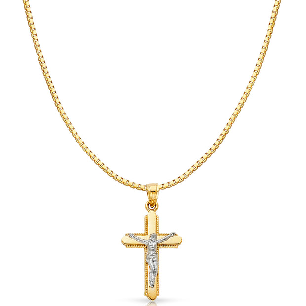 14K Gold Jesus Crucifix Cross Religious Charm Pendant with 0.8mm Box Chain Necklace