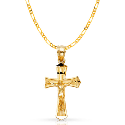 14K Gold Crucifix Cross Pendant with 2.3mm Figaro 3+1 Chain