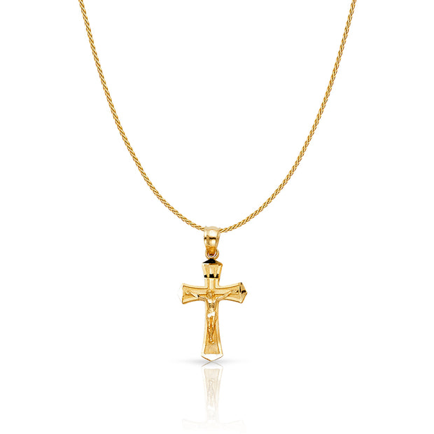 14K Gold Jesus Crucifix Cross Charm Pendant with 0.9mm Wheat Chain Necklace