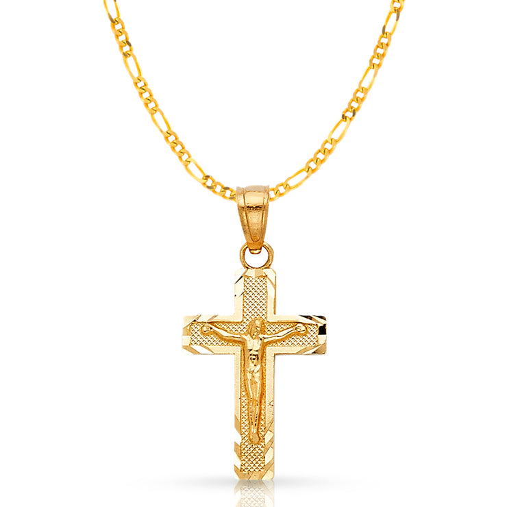 14K Gold Crucifix Cross Pendant with 2mm Figaro 3+1 Chain