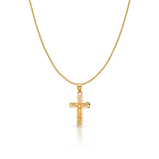 14K Gold Jesus Crucifix Cross Charm Pendant with 0.9mm Wheat Chain Necklace