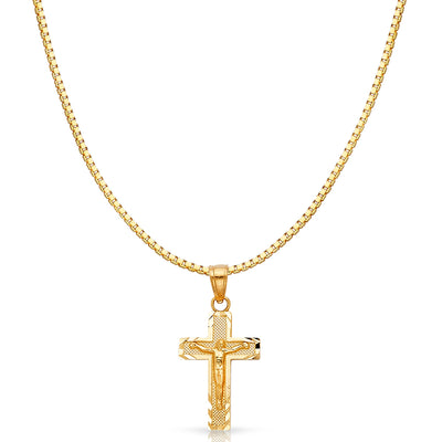 14K Gold Jesus Crucifix Cross Religious Charm Pendant with 0.8mm Box Chain Necklace