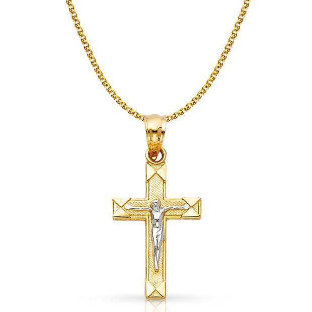 14K Gold Crucifix Cross Pendant with 1.5mm Flat Open Wheat Chain