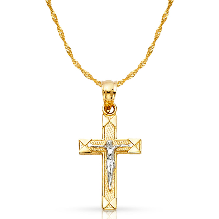 14K Gold Crucifix Cross Pendant with 0.9mm Singapore Chain