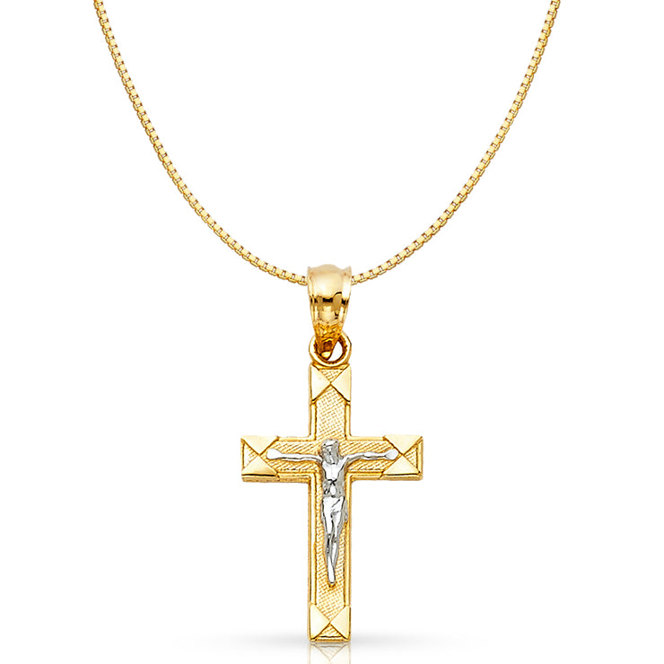 14K Gold Jesus Crucifix Cross Religious Charm Pendant with 0.8mm Box Chain Necklace