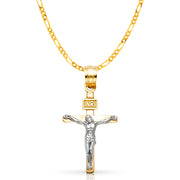 14K Gold Crucifix Cross Pendant with 2.3mm Figaro 3+1 Chain