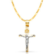 14K Gold Crucifix Cross Pendant with 2.3mm Figaro 3+1 Chain