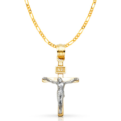 14K Gold Crucifix Cross Pendant with 2.3mm Figaro 3+1 Chain