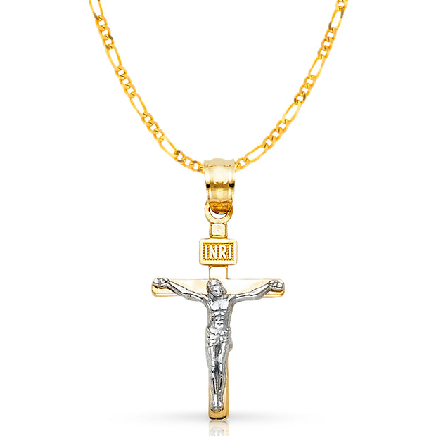 14K Gold Crucifix Cross Pendant with 2.3mm Figaro 3+1 Chain