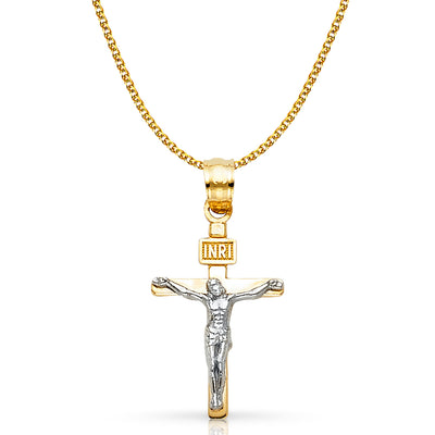 14K Gold Crucifix Cross Pendant with 1.5mm Flat Open Wheat Chain