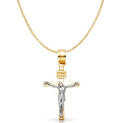 14K Gold Jesus Crucifix Cross Religious Charm Pendant with 0.8mm Box Chain Necklace