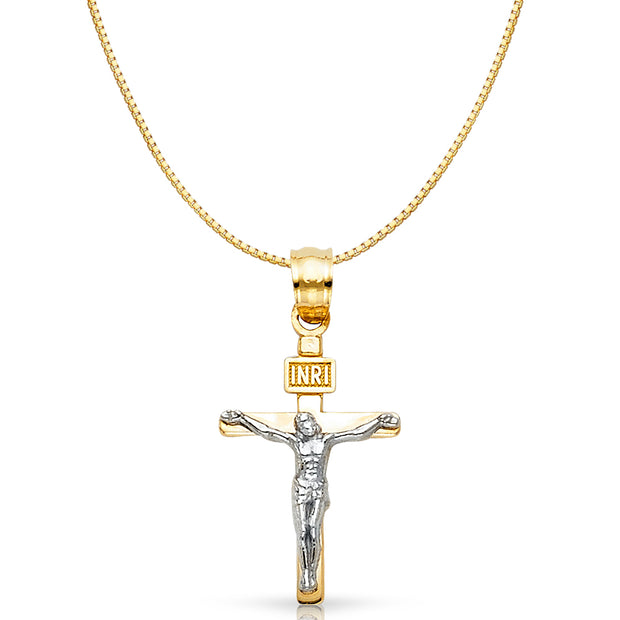 14K Gold Jesus Crucifix Cross Religious Charm Pendant with 0.8mm Box Chain Necklace