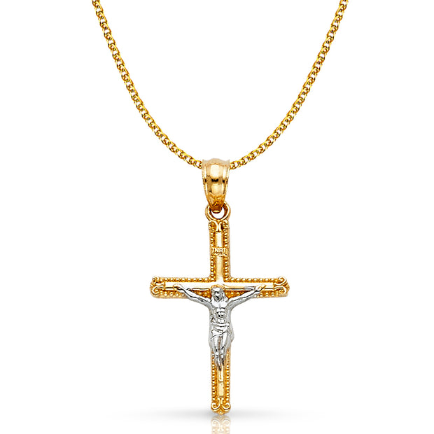 14K Gold Crucifix Cross Pendant with 1.5mm Flat Open Wheat Chain