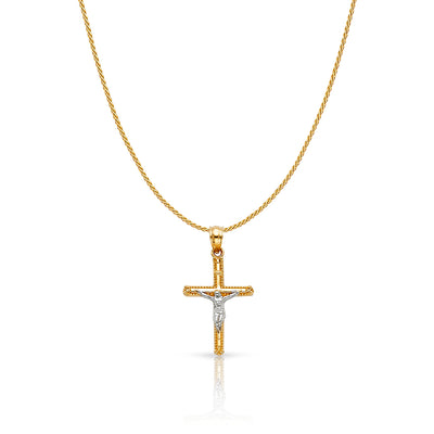 14K Gold Jesus Crucifix Cross Charm Pendant with 0.9mm Wheat Chain Necklace