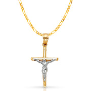 14K Gold Crucifix Cross Pendant with 2.3mm Figaro 3+1 Chain