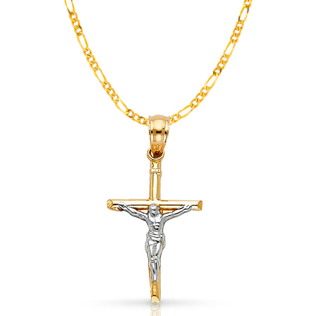 14K Gold Crucifix Cross Pendant with 2.3mm Figaro 3+1 Chain