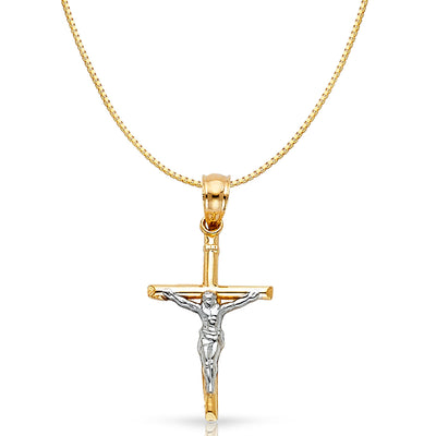 14K Gold Jesus Crucifix Cross Religious Charm Pendant with 0.8mm Box Chain Necklace