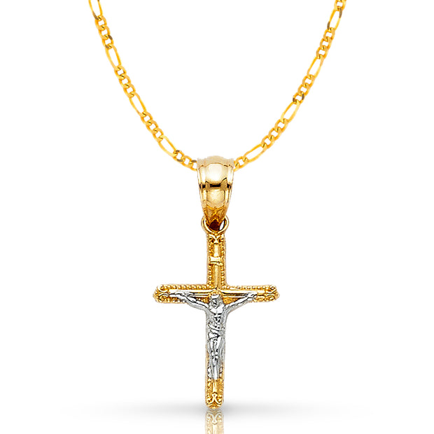 14K Gold Crucifix Cross Pendant with 2mm Figaro 3+1 Chain