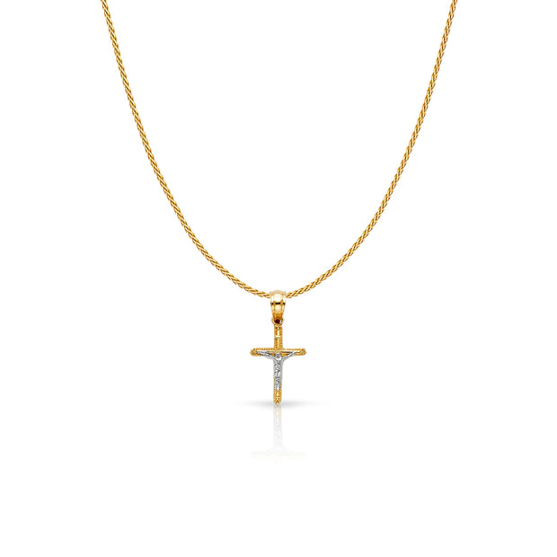 14K Gold Jesus Crucifix Cross Charm Pendant with 0.9mm Wheat Chain Necklace