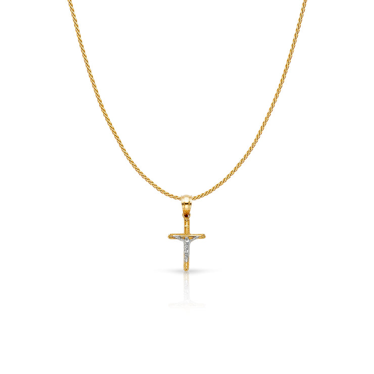 14K Gold Jesus Crucifix Cross Charm Pendant with 0.9mm Wheat Chain Necklace