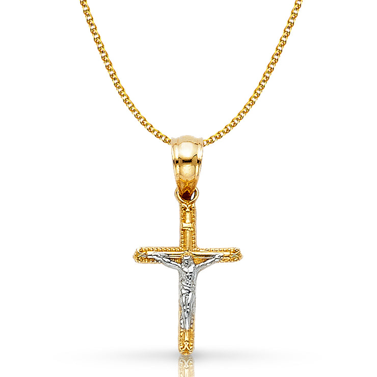 14K Gold Crucifix Cross Pendant with 1.2mm Flat Open Wheat Chain