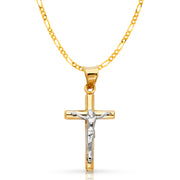 14K Gold Crucifix Cross Pendant with 2.3mm Figaro 3+1 Chain