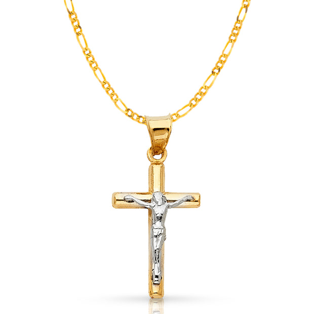 14K Gold Crucifix Cross Pendant with 2.3mm Figaro 3+1 Chain