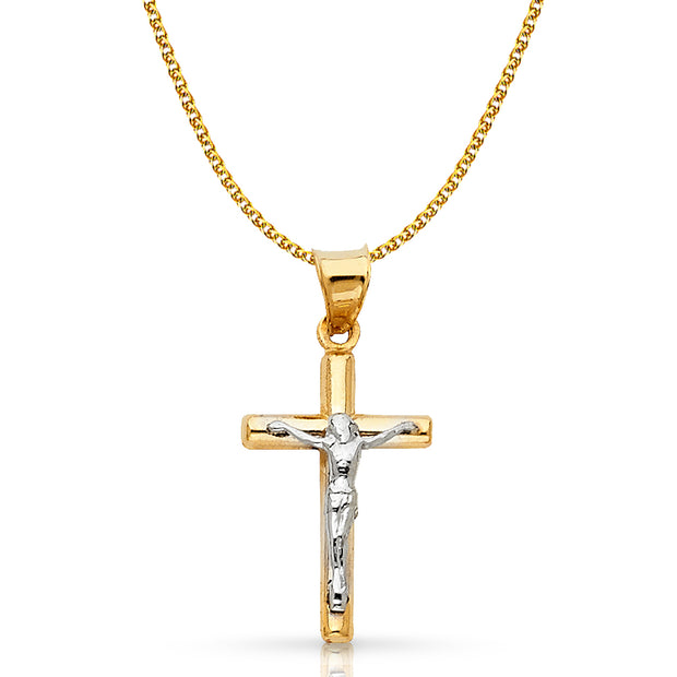 14K Gold Crucifix Cross Pendant with 1.5mm Flat Open Wheat Chain