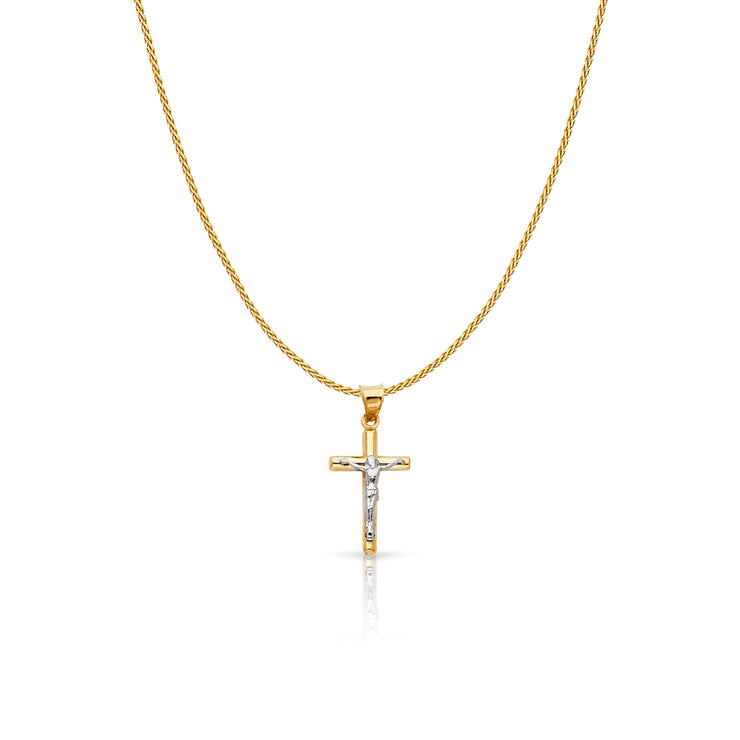 14K Gold Jesus Crucifix Cross Charm Pendant with 0.9mm Wheat Chain Necklace