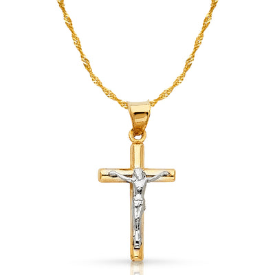 14K Gold Crucifix Cross Pendant with 1.2mm Singapore Chain