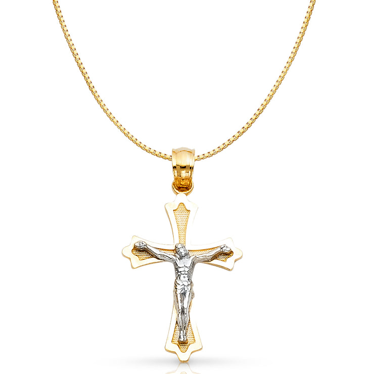 14K Gold Jesus Crucifix Cross Religious Charm Pendant with 0.8mm Box Chain Necklace