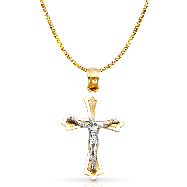 14K Gold Crucifix Cross Pendant with 1.2mm Flat Open Wheat Chain