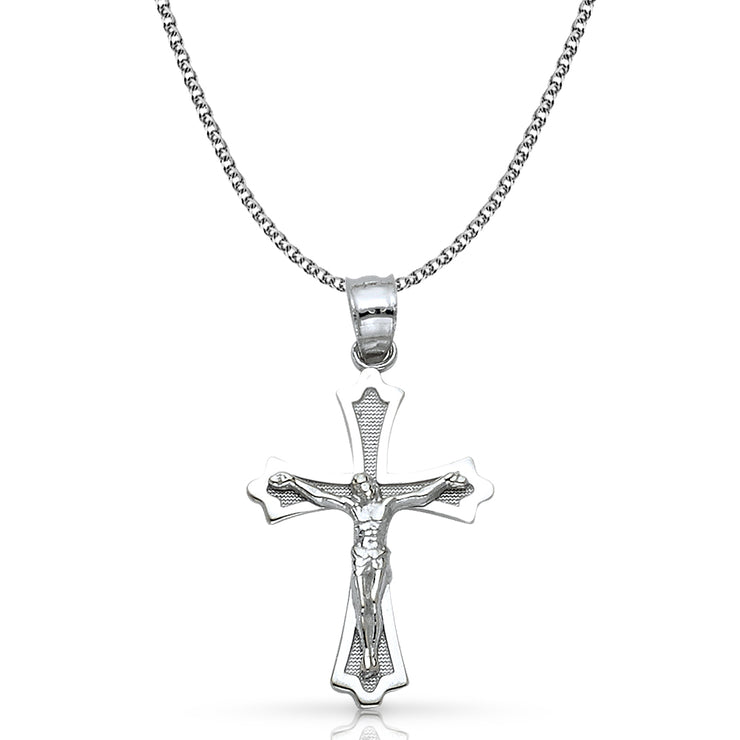 14K Gold Crucifix Cross Pendant with 1.3mm Flat Open Wheat Chain