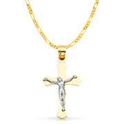 14K Gold Crucifix Cross Pendant with 2.3mm Figaro 3+1 Chain