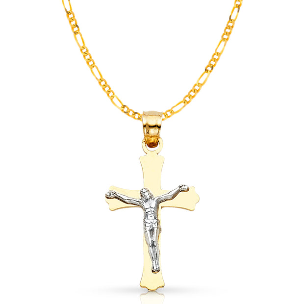 14K Gold Crucifix Cross Pendant with 2.3mm Figaro 3+1 Chain