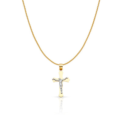 14K Gold Jesus Crucifix Cross Charm Pendant with 0.9mm Wheat Chain Necklace