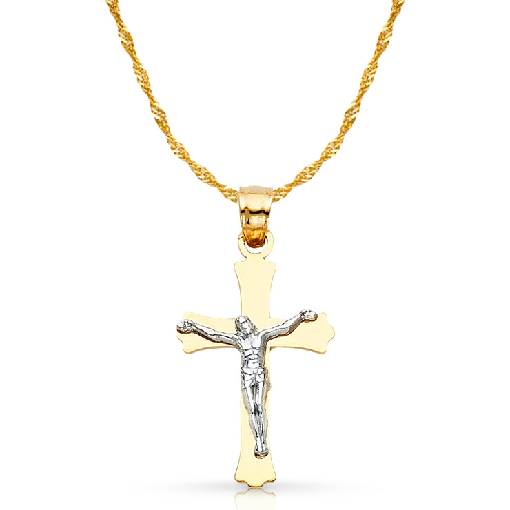 14K Gold Crucifix Cross Pendant with 1.2mm Singapore Chain