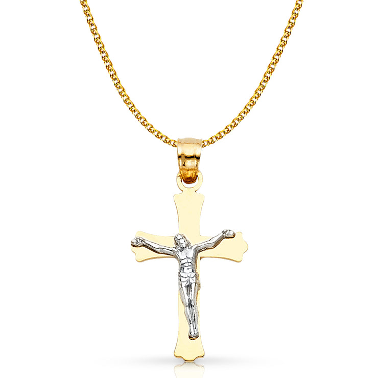 14K Gold Crucifix Cross Pendant with 1.2mm Flat Open Wheat Chain