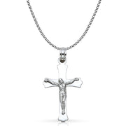 14K Gold Crucifix Cross Pendant with 1.3mm Flat Open Wheat Chain